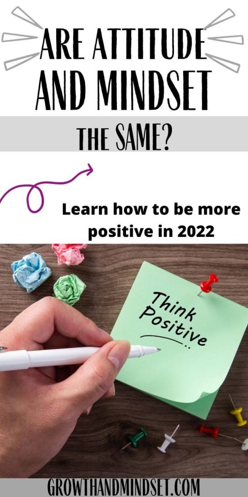 Are attitude and Mindset the same? Hand writing "think positive" on green sticky note