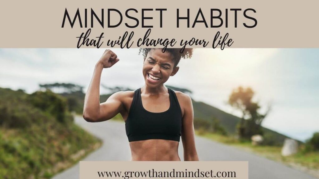 Mindset Habits that will change your life. Girl on path working out and excited.