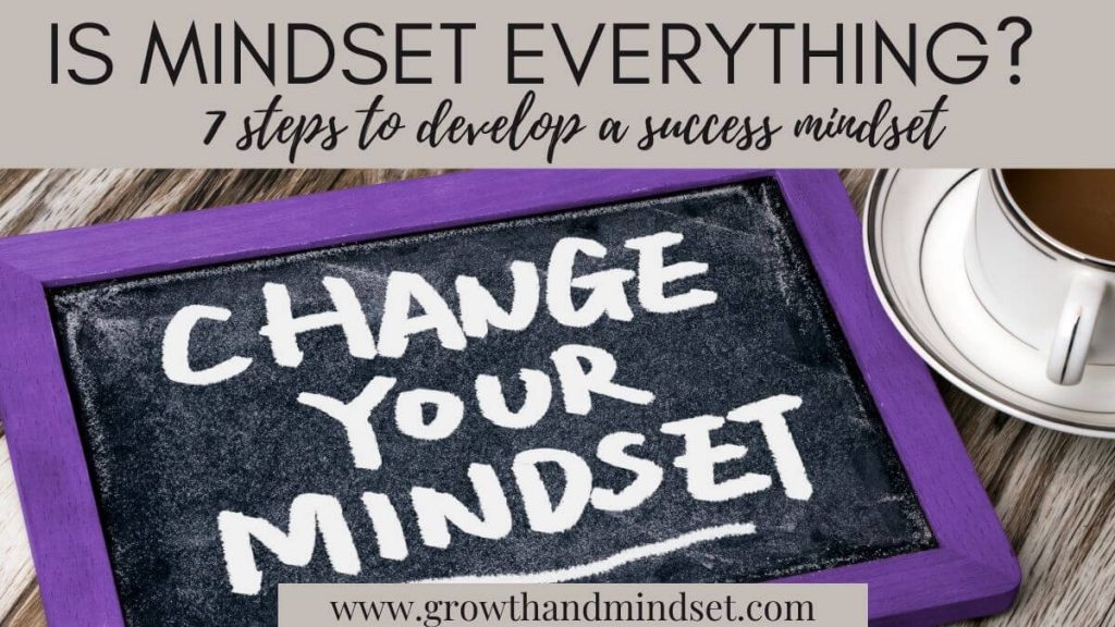 Is Mindset Everything? 7 Steps to Develop a Mindset of Success - purple chalk board reading: Change your mindset, coffee cup