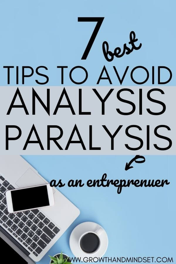 7 best tips to avoid analysis paralysis as an entrepreneur; blue background, computer, cell phone, coffee